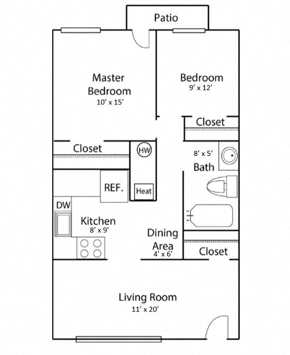 Floor plan for 2 beds, 1 bath, 830 sqft